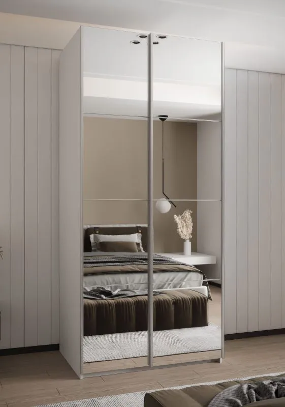 Kleiderschrank / Schiebetürenschrank | 245,5 x 120 x 64 cm | 6 Fächer | 6 Einlegeböden | 2 Kleiderstangen | 2 Schiebetüren | Farbe: Weiß | Soft-Close