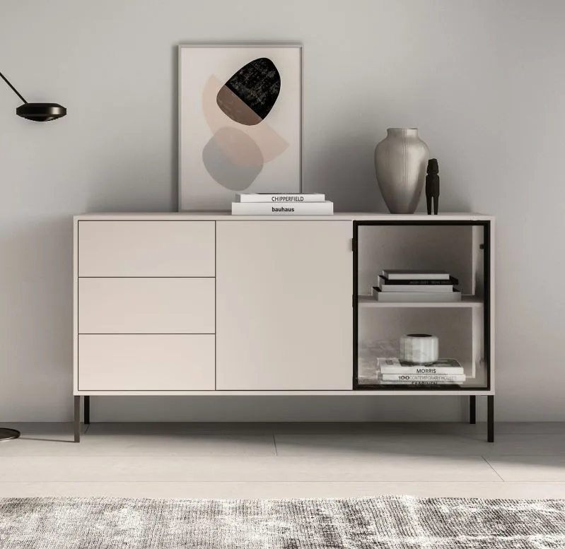 Sideboard | Kaschmir | inkl. LED-Beleuchtung | 3 Schubladen | Push-to-open Funktion | 160 x 40 x 86 cm | 4 Fächer | Kommode | 1 Glastür mit Aluminiumrahmen