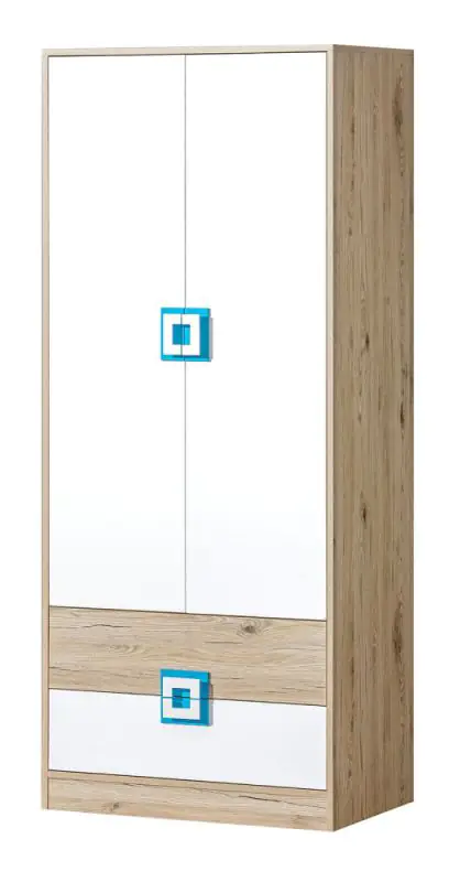 Kinderzimmer - Drehtürenschrank / Kleiderschrank Fabian 01, Farbe: Eiche Hellbraun / Weiß / Blau - 190 x 80 x 50 cm (H x B x T)