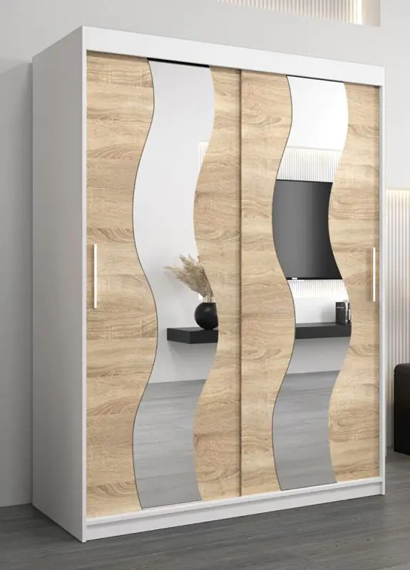 Schiebetürenschrank / Kleiderschrank Hacho 03 mit Spiegel, Farbe: Weiß matt / Eiche Sonoma - Abmessungen: 200 x 150 x 62 cm ( H x B x T)