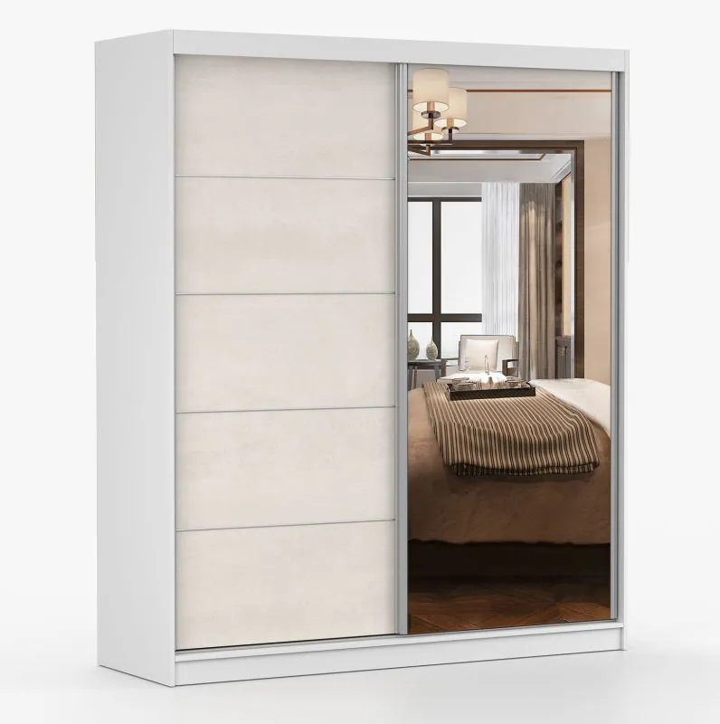 Schiebetürenschrank / Kleiderschrank mit Spiegel | Seide / Weiß | Cuillin 05 | 218 x 183 x 61 cm | 2 Türen | 6 Fächer | hohe Kapazität | 2-farbig