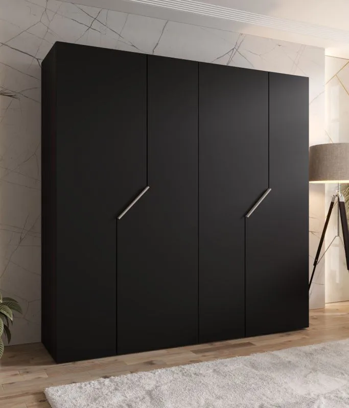 Kleiderschrank | 4-Türig | Farbe: Schwarz | 2 Fächer | 2 Kleiderstangen | Griffe: Kaschmir | Soft-Close-Funktion | Maße: 200 x 52 x 202 cm | ABS-Kanten