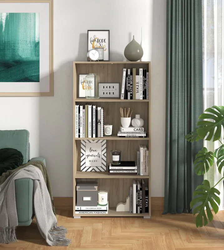 Regal mit vier Fächer Knide 06, Farbe: Eiche Grau, ABS-Kantenschutz, Bücherregal, hochwertige Verarbeitung, Maße: 142 x 70 x 24,5 cm, für Wohnzimmer