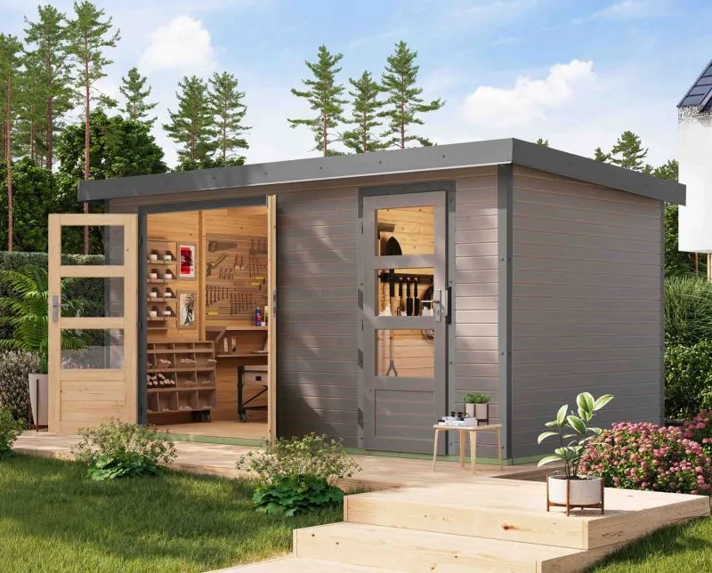 Pultdach Gartenhaus, nordische Fichte wassergrau/graualuminium, Trapezblechdach wetterfest, stabile Ecken, Doppelflügeltür Zylinderschloss, 8,52 m²
