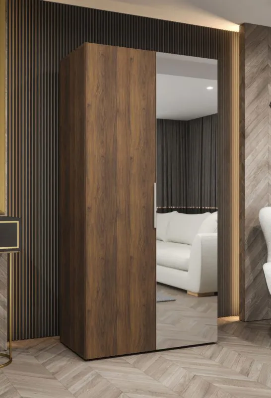 Kleiderschrank mit einer Spiegeltür | Farbe: Walnuss | Soft-Close-Funktion | eine Kleiderstange | 1 Meter breit | Griffe: Silber | Drehtürenschrank