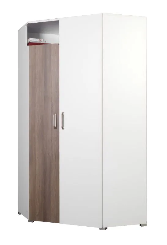 Drehtürenschrank / Eckkleiderschrank Bulolo 20, Farbe: Weiß / Nuss - Abmessungen: 198 x 100 x 100 cm (H x B x T)