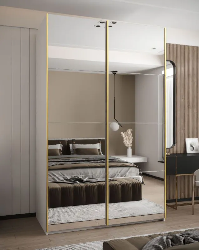 Kleiderschrank / Schiebetürenschrank | 245,5 x 150 x 64 cm | Spiegel | 6 Fächer | Farbe: Weiß | 2 Kleiderstangen | 2 Schiebetüren | Soft-Close