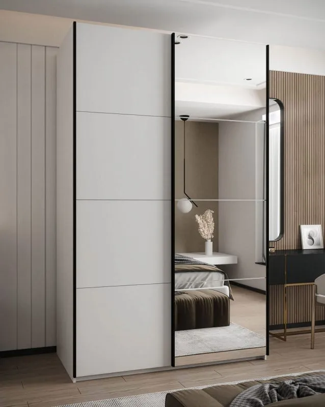 Kleiderschrank / Schiebetürenschrank | Soft-Close | Spiegel | 2 Kleiderstangen | Farbe: weiß | 2 Schiebetüren | 6 Fächer | 245,5 x 150 x 64 cm