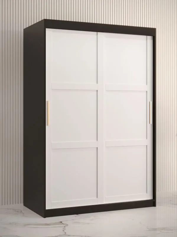 Kleiderschrank mit schlichten Design Liskamm 07, Farbe: Schwarz matt / Weiß matt - Abmessungen: 200 x 120 x 62 cm (H x B x T), mit fünf Fächern und zwei Kleiderstangen