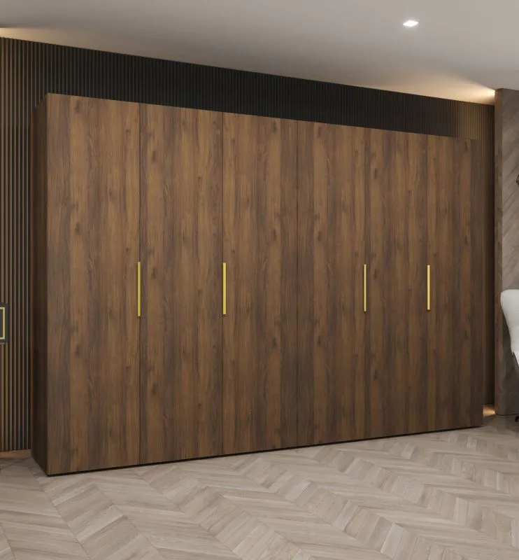 Kleiderschrank / Drehtürenschrank | Farbe: Walnuss | Griffe: Gold | vier Fächer | 3 Meter breit | vier Kleiderstangen | Soft-Close-Funktion | sechs Türen