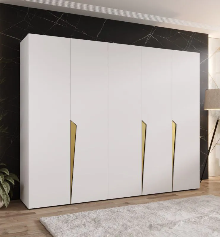 Kleiderschrank | Farbe: Weiß | 5-Türig | 3 Fächer | Griffe: Gold | 3 Kleiderstangen| Soft-Close-Funktion | Maße: 250 x 52 x 202 cm | ABS-Kanten