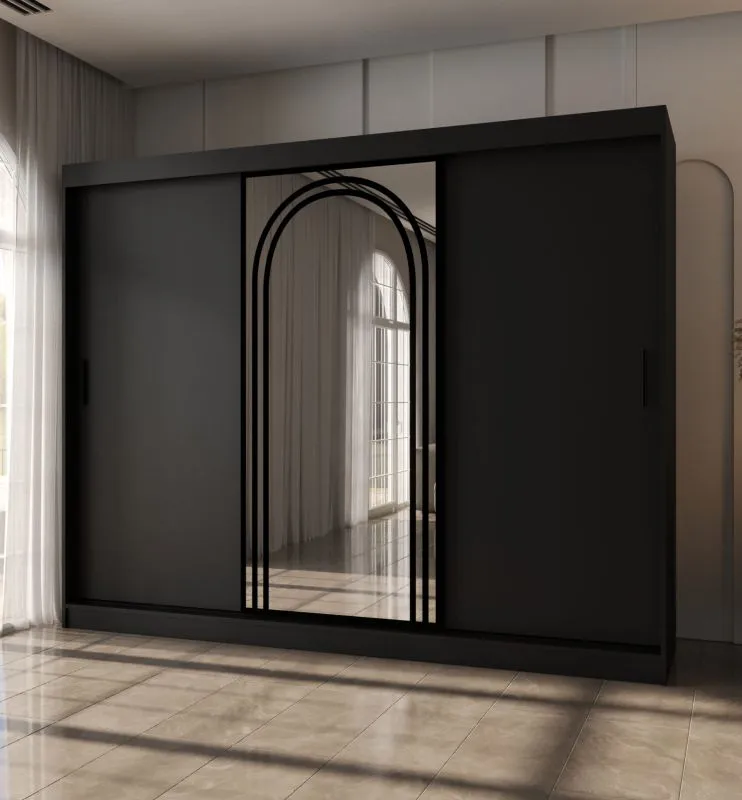 Schiebetürenschrank | Schwarz Matt | 10 Fächer | 2 Kleiderstangen | 250 x 62 x 200 cm | Kleiderschrank | Spiegeltür | hochwertig Verarbeitet | modernes Design