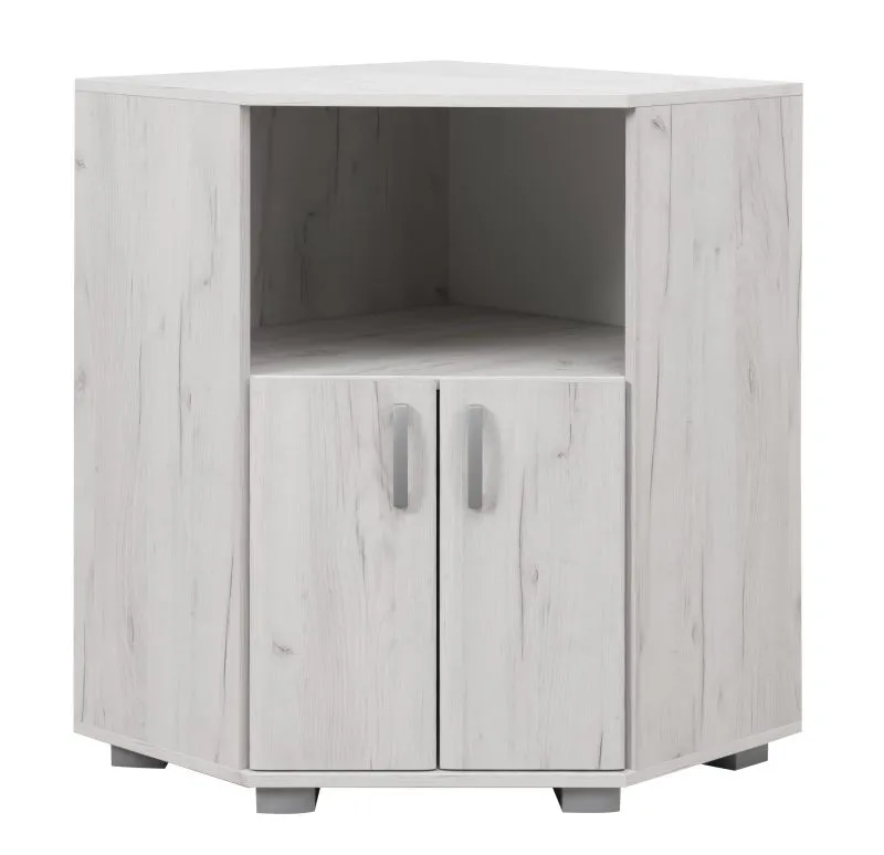 Eck-Kommode Camprodon 14 | Eiche Weiß | 72 x 37 x 95 cm (L x T x H) | Griffe aus Metall | ABS-Kanten | 3 Fächer | Verstellbare Füße
