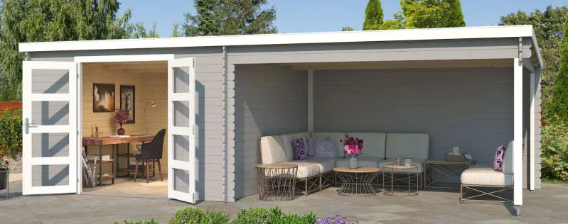 Gartenhaus G270 Lichtgrau - 28 mm Blockbohlenhaus, Grundfläche: 22,85 m², Pultdach