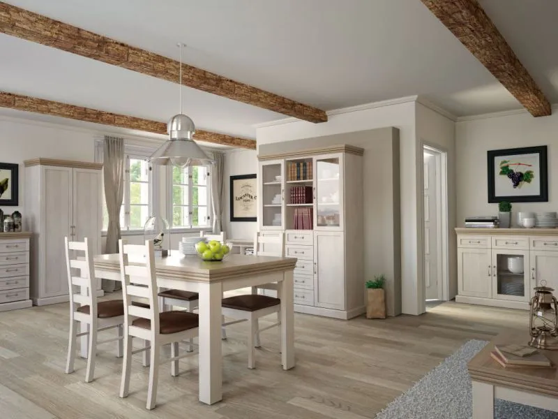 Esszimmer Komplett - Set D Badile, 10-teilig, Farbe: Kiefer Weiß / Braun
