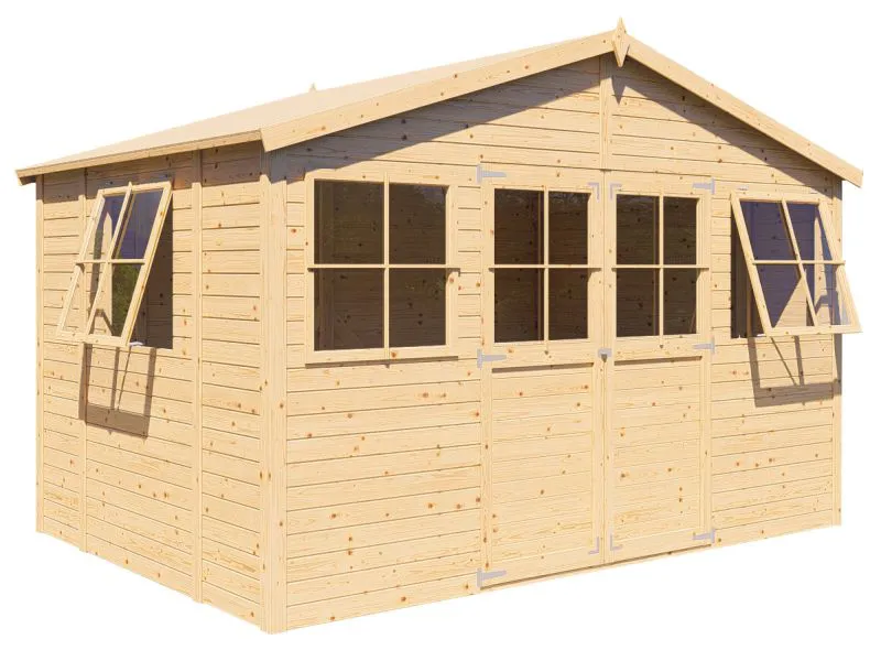 Gartenhaus in Elementbauweise aus Fichte, Naturbelassen, 3,5 x 2,3 Meter, Satteldach, Holz-Gerätehaus, Doppeltür, Fenster zum Öffnen