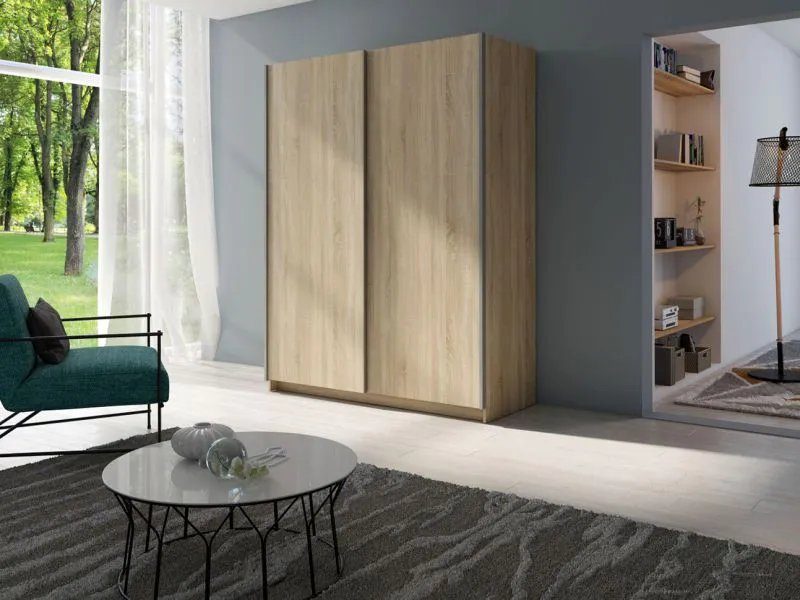 180 cm breiter Kleiderschrank mit 5 Fächern und 2 Türen | Farbe: Eiche Abbildung