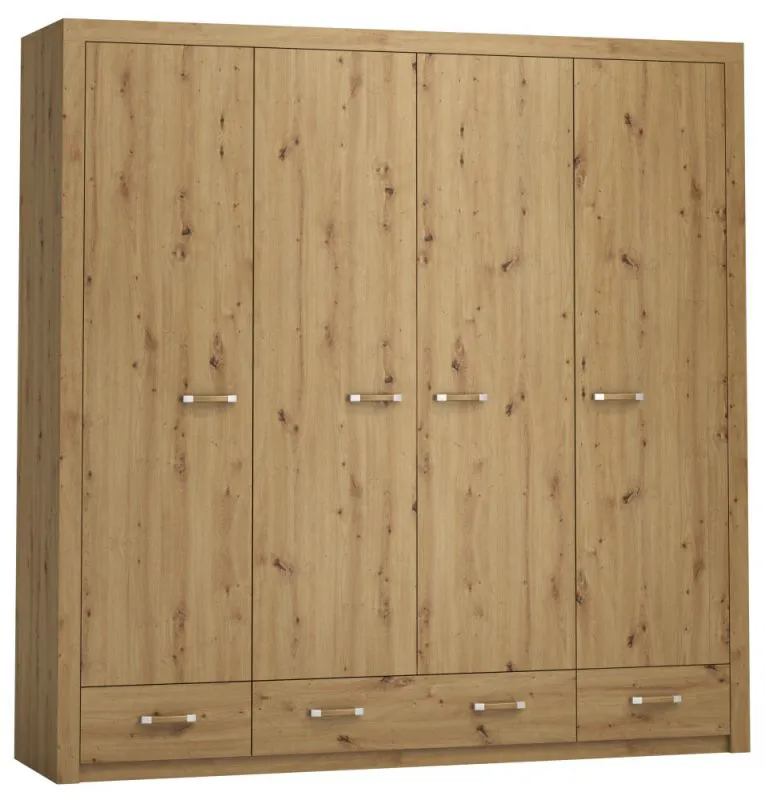 200 cm breiter Kleiderschrank mit 4 Türen, 9 Fächern und 3 Schubladen | Farbe: Eiche | Tiefe: 54 cm Abbildung