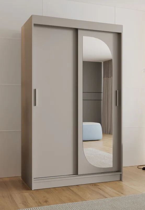 Kleiderschrank / Schiebetürenschrank Signalkuppe 08, Farbe: Kaschmir, eine Spiegeltür, 1,2 Meter breit, fünf Fächer, zwei Kleiderstangen