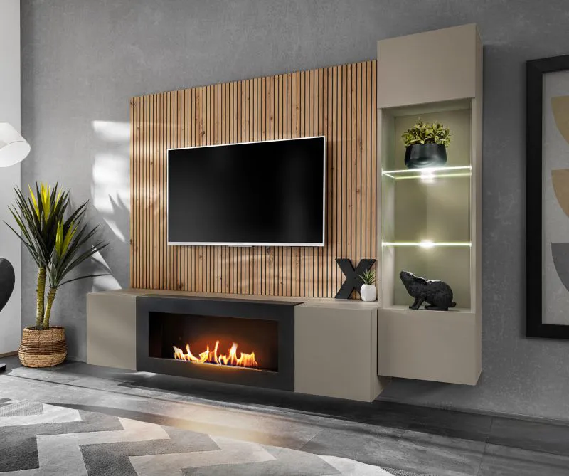 Wohnwand | Farbe: Clay Grau / Eiche Artisan | Push-to-open Funktion | Bio-Ethanol Kamin | 200 x 40 x 158 cm | inkl. LED-Beleuchtung | 1 Vitrine | 1 TV-Unterschrank