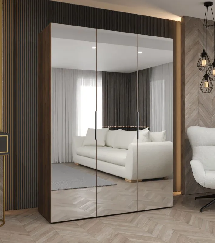 Drehtürenschrank / Kleiderschrank | Farbe: Walnuss | zwei Kleiderstangen | Soft-Close-Funktion | 1,5 Meter breit | drei Spiegeltüren | Griffe: Silber
