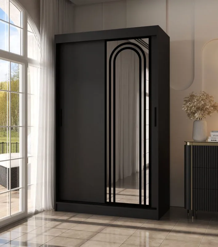 Kleiderschrank | Schwarz Matt | 5 Fächer | 2 Kleiderstangen | hochwertig Verarbeitet | 120 x 62 x 200 cm | Schiebetürenschrank | Spiegeltür | modernes Design