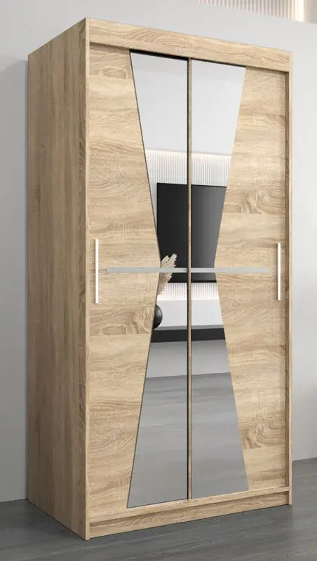 Schiebetürenschrank / Kleiderschrank Naranco 01 mit Spiegel, Farbe: Eiche Sonoma - Abmessungen: 200 x 100 x 62 cm ( H x B x T)