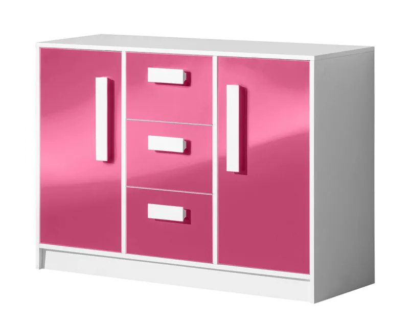 Kinderzimmer - Kommode Walter 06, Farbe: Weiß / Rosa Hochglanz - 85 x 120 x 40 cm (H x B x T)