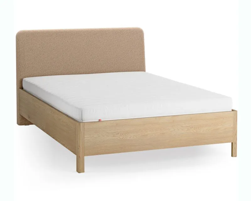 Doppelbett | Farbe: Eiche / Taupe | Eiche massiv | 140 x 200 cm | dezent abgerundete Form | Gästebett | inkl. Lattenrost | weich gepolsterte Kopfstütze