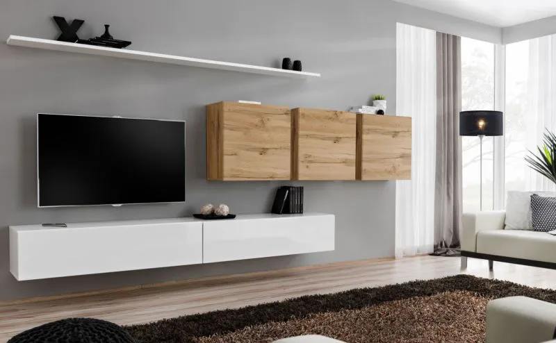 Wohnwand im schlichten Design Balestrand 108, Farbe: Weiß / Eiche Wotan - Abmessungen: 150 x 340 x 40 cm (H x B x T), mit Push-to-open Funktion