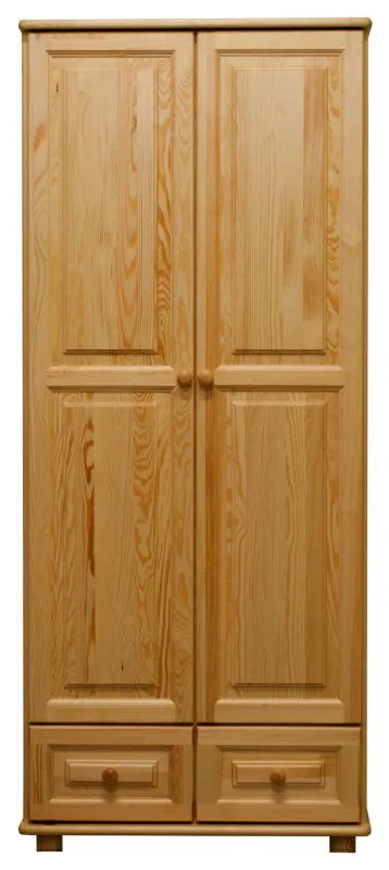 Kleiderschrank | 2 Drehtüren | 2 Schubladen | 4 Fächer | mit Kleiderstange | 80 cm breit | Massivholz | Farbe: Natur Abbildung