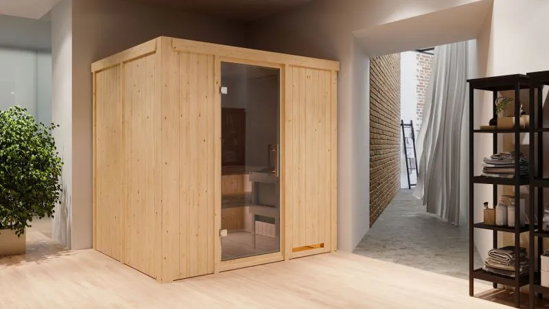 Sauna "Eemil" SET mit graphitfarbener Tür - Farbe: Natur, Ofen 9 kW - 196 x 170 x 198 cm (B x T x H)