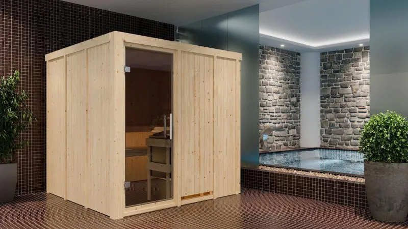 Sauna "Aleksi" SET mit graphitfarbener Tür - Farbe: Natur, Ofen 9 kW - 196 x 196 x 198 cm (B x T x H)
