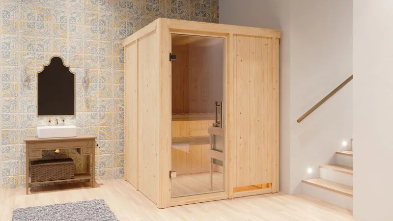 Sauna "Niilo" SET mit Klarglastür & Ofen externe Steuerung easy 9 KW - 151 x 151 x 198 cm (B x T x H)