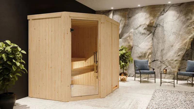 Sauna "Hanko" SET mit Klarglastür & Ofen 9 kW - 196 x 170 x 198 cm (B x T x H)