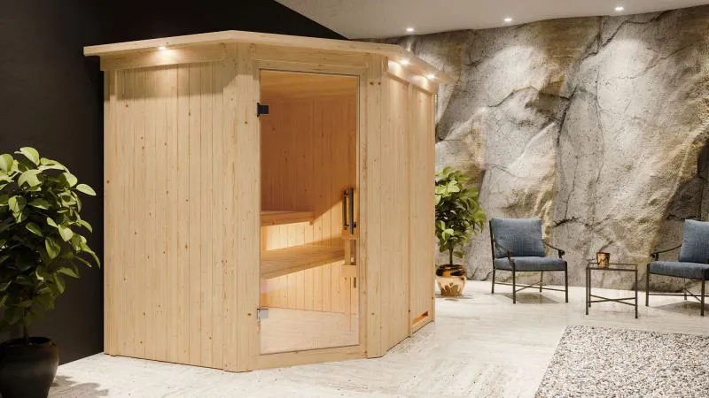 Sauna "Hanko" mit Klarglastür und Kranz - Farbe: Natur - 210 x 184 x 202 cm (B x T x H)