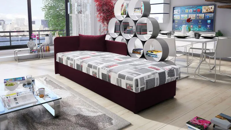 Neutrales Tagesbett / Gästebett mit Polsterung Lobatos 53, Farbe: Violett, mit genügend Stauraum, Kopfteil links, Liegefläche: 80 x 195 cm, Sofa-Bett