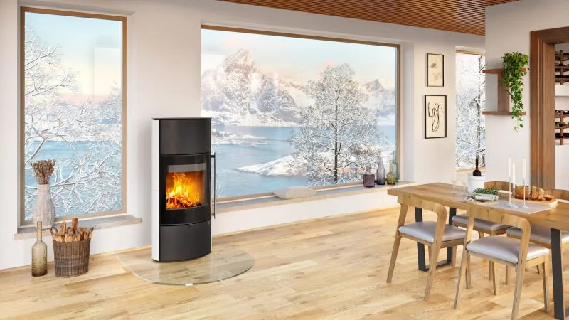 Kaminofen 6,3 kW | Ausführung H |  Außengehäuse aus Keramik | Holzkamin | aus Stahl | Edelstahlgriff| Farbe: Weiß / Schwarz