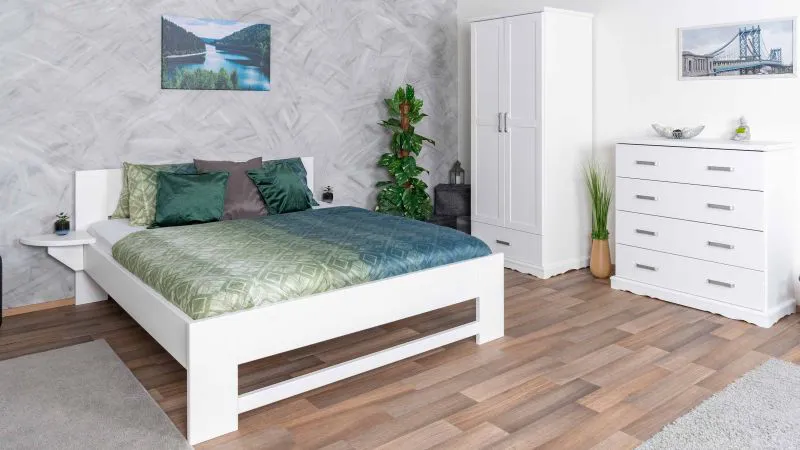 Weißes Schlafzimmer - Set B Bueto im Landhausstil, 3-teilig, Weiß, Massivholz, Bett mit Liegefläche: 160 x 200 cm, Kleiderschrank und Kommode