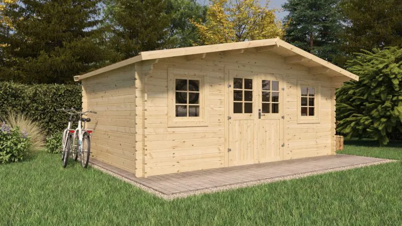 Gartenhaus Wiesencharme 02, 44 mm Blockbohlenhaus, Grundfläche 16 m², Satteldach, Naturbelassen, mit 1 Doppeltür und 2 Einzelfenstern