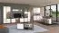 TV-Schrank / TV-Möbel mit zwei Türen Kanjiza 02, Farbe: Eiche Flagstaff / Weiß / Weiß Hochglanz, zwei Kabeldurchführungen, Maße: 59,5 x 157 x 40 cm, sechs Fächer