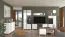 TV-Schrank / TV-Möbel mit zwei Türen Kanjiza 02, Farbe: Eiche Flagstaff / Weiß / Weiß Hochglanz, zwei Kabeldurchführungen, Maße: 59,5 x 157 x 40 cm, sechs Fächer