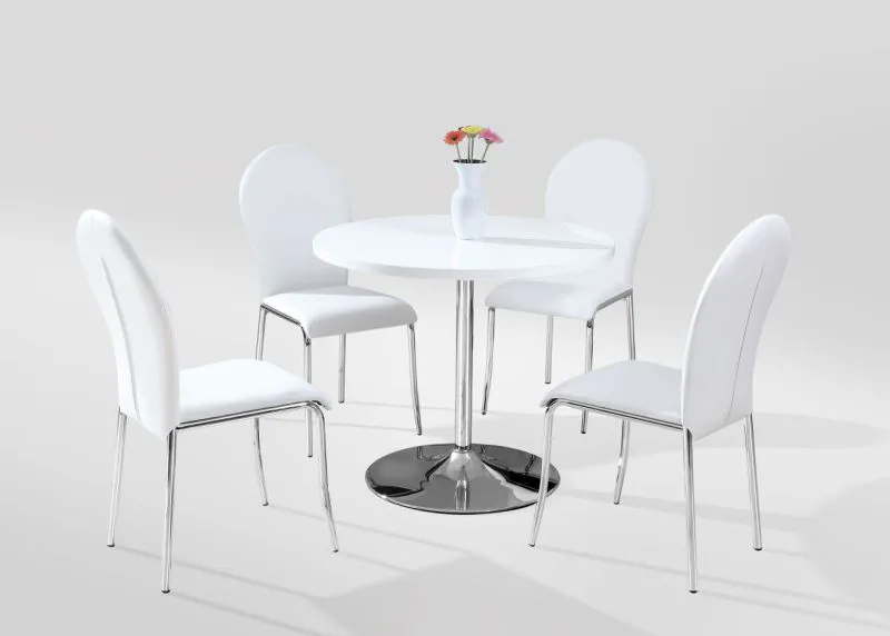 Eleganter Esstisch Daures 41, Weiß Hochglanz / Verchromt, Durchmesser 90 cm, runder Wohnzimmertisch, langlebig, edles Design