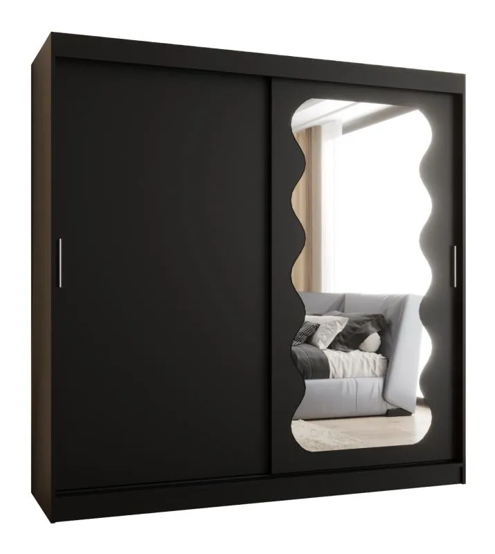 Schiebetürenschrank / Kleiderschrank Bernina 19, Farbe: Schwarz, 2 Meter breit, eine Tür mit Spiegel, 10 Fächer, zwei Kleiderstangen, Aluminiumschienen