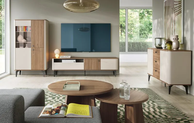 Wohnzimmer Komplett-Set A Belladere | 5-teilig | Nuss/Kaschmir | ABS-Kanten | 1 Vitrine | 1 TV-Unterschrank | 1 Kommode | 2 Couchtische