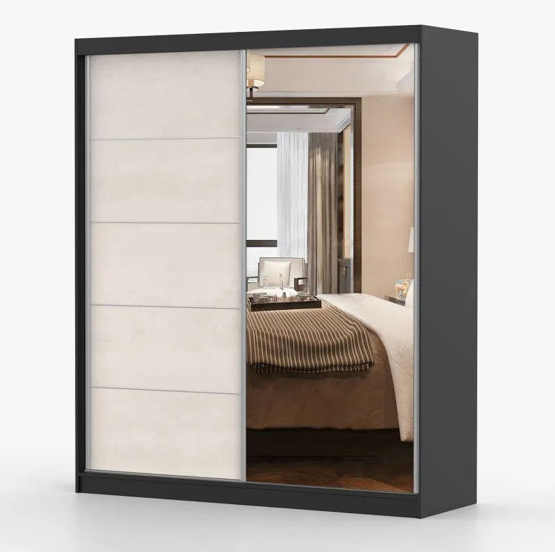 Kleiderschrank / Schiebetürenschrank mit Spiegel | 218 x 183 x 61 cm | Seide / Schwarz | Cuillin 08 | 2 Türen | 6 Fächer | viel Lagerkapazität