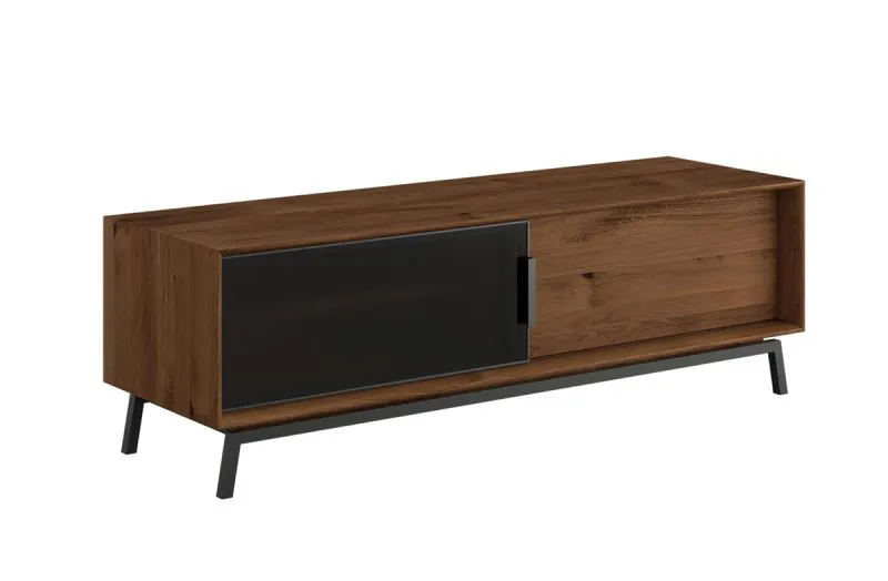 TV-Unterschrank mit einer Glasschiebetür Salleron 03, eine Holzschiebetür, Eiche massiv geölt, Farbe: Tabacco, Maße: 52 x 200 x 50 cm, vier Fächer