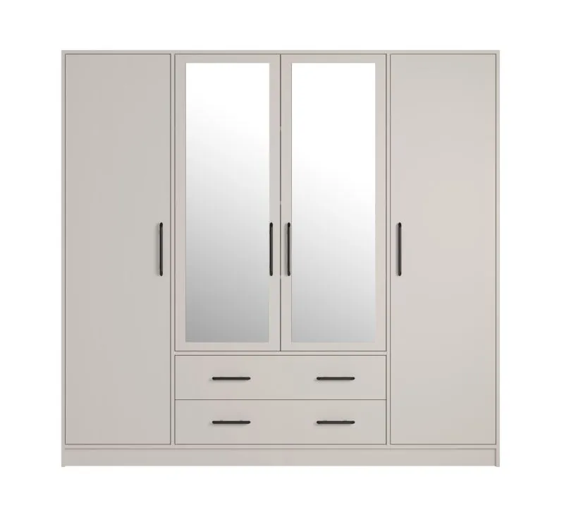 Schlichter Kleiderschrank Hannut 11, Farbe: Kaschmir, vier Türen, zwei Schubladen, Maße: 190 x 200 x 56 cm, zwei Kleiderstangen, fünf Holzeinlegeböden