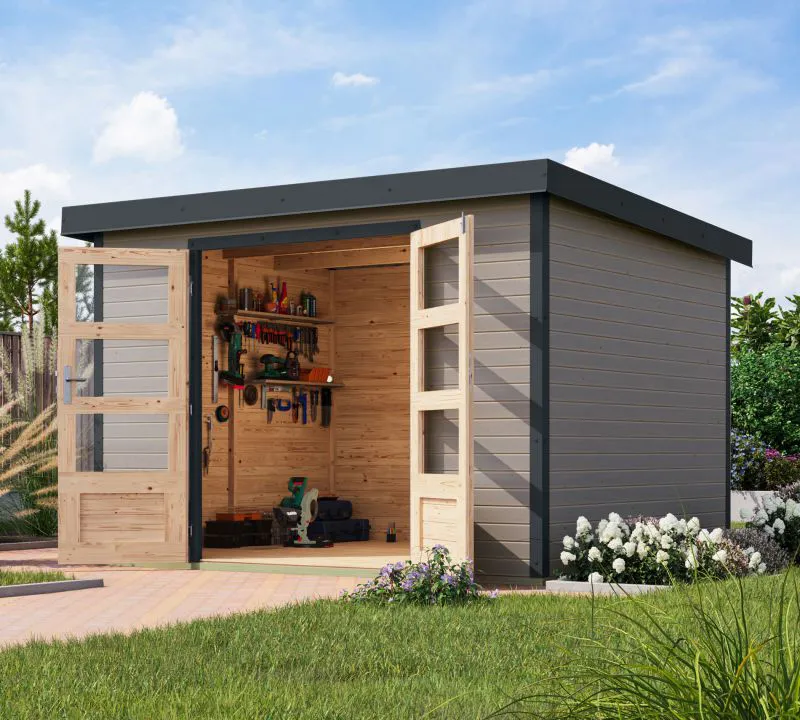 Pultdach Gartenhaus, Fichte wassergrau/anthrazit, Trapezblechdach, witterungsbeständig, robuste metallverstärkte-Ecken, Zylinderschloss, 2,98x2,42m