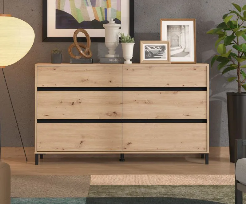 Kommode | 6 Schubladen | Farbe: Eiche Artisan | modernes Design | ABS-Kanten | Beine: Schwarz | Maße: 157 x 40 x 90 cm | gut kombinierbar